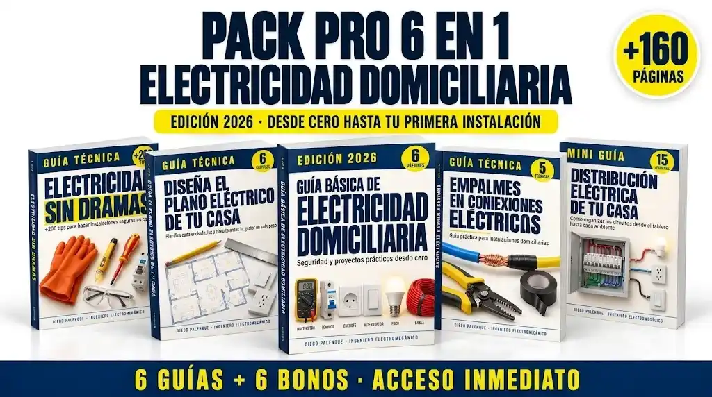 Pack Pro 6 en 1 de Electricidad Domiciliaria: 6 Guías Ilustradas + 6 Bonos Gratis. Aprende la electricidad de tu casa desde cero y haz tus propias instalaciones de forma segura